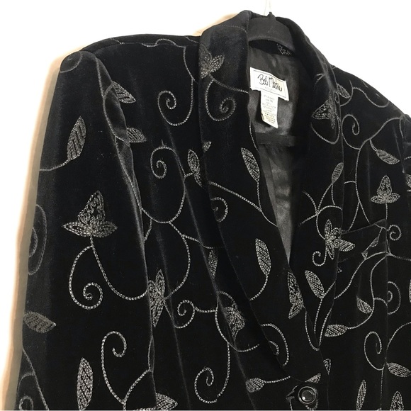 Bob Mackie Velvet Black Gray Floral Embroidered Blazer Jacket Womens Sz 14 - Picture 3 of 13